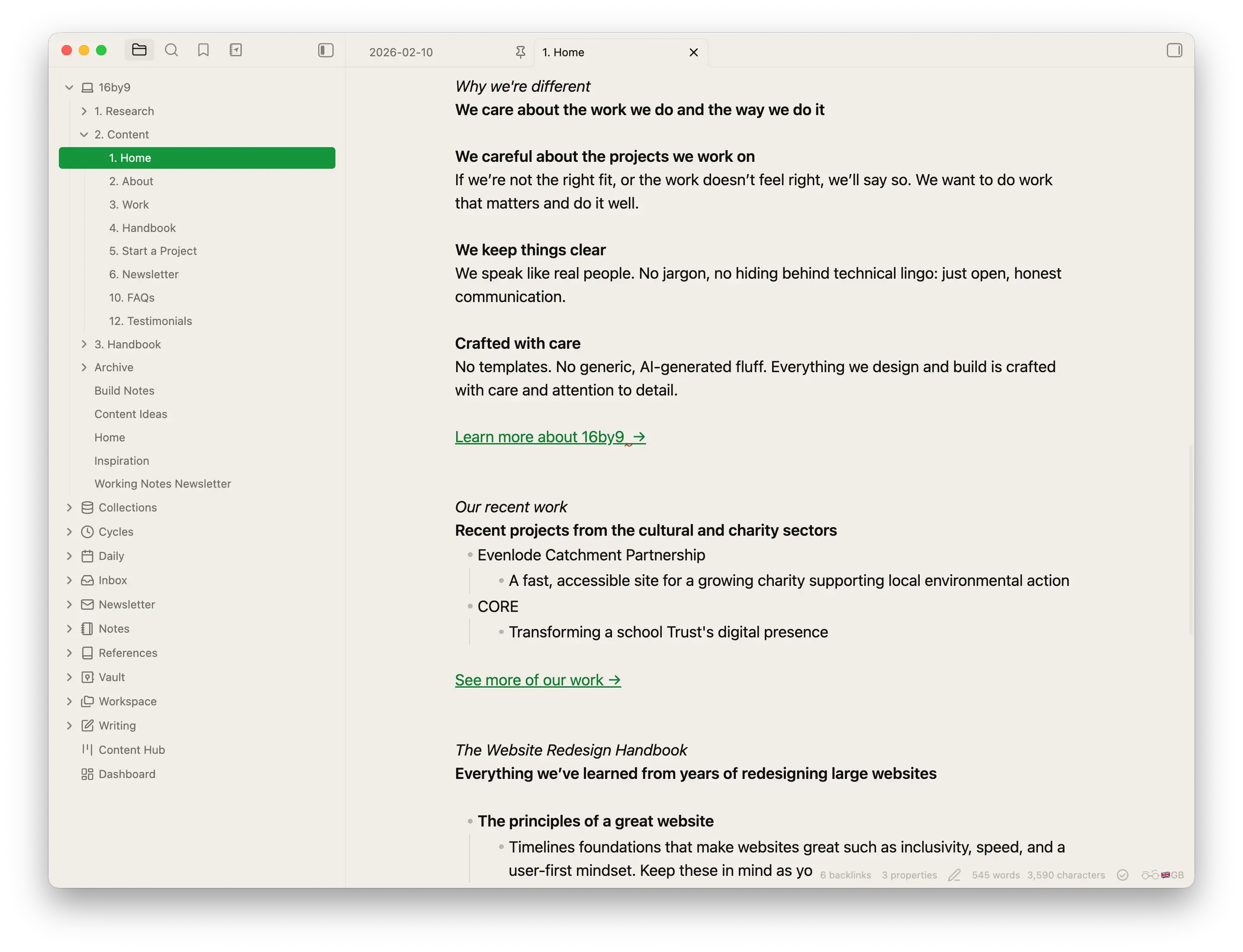 The homepage content in Obsidian