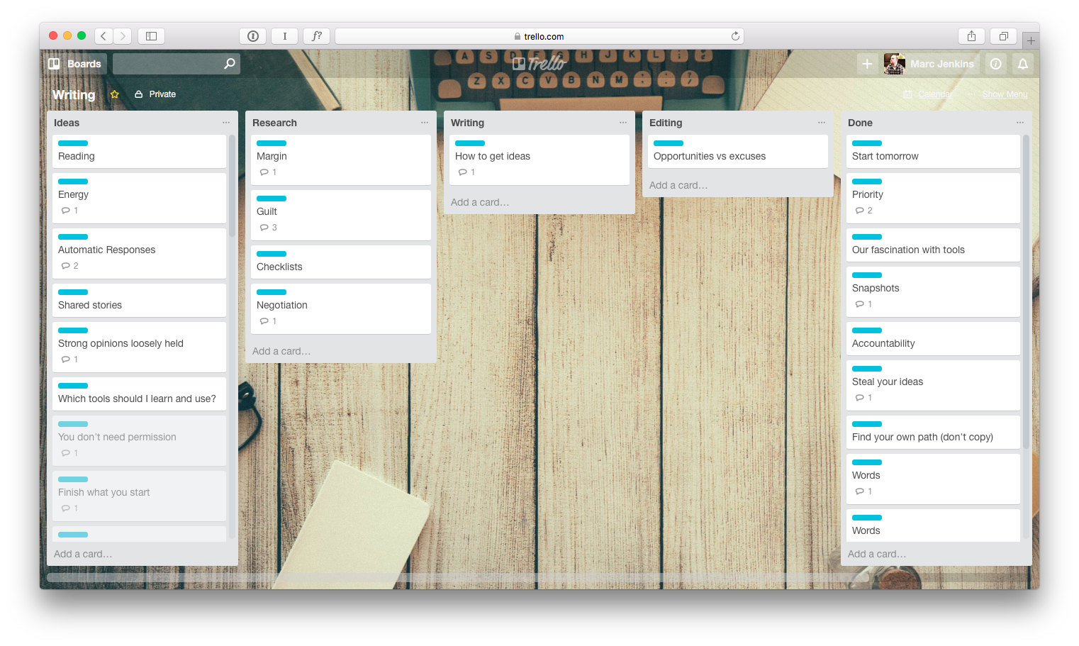 Trello Writing Board